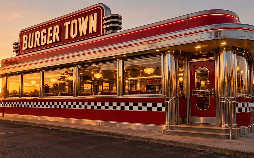 赤い看板が目印のBURGER TOWN外観イメージ