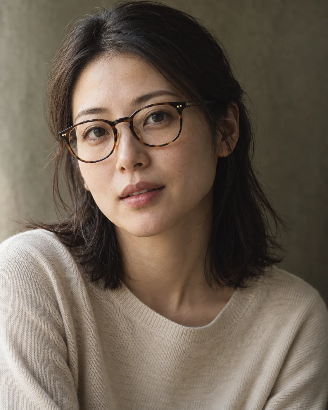 べっ甲調の眼鏡をかけた女性の自然な表情