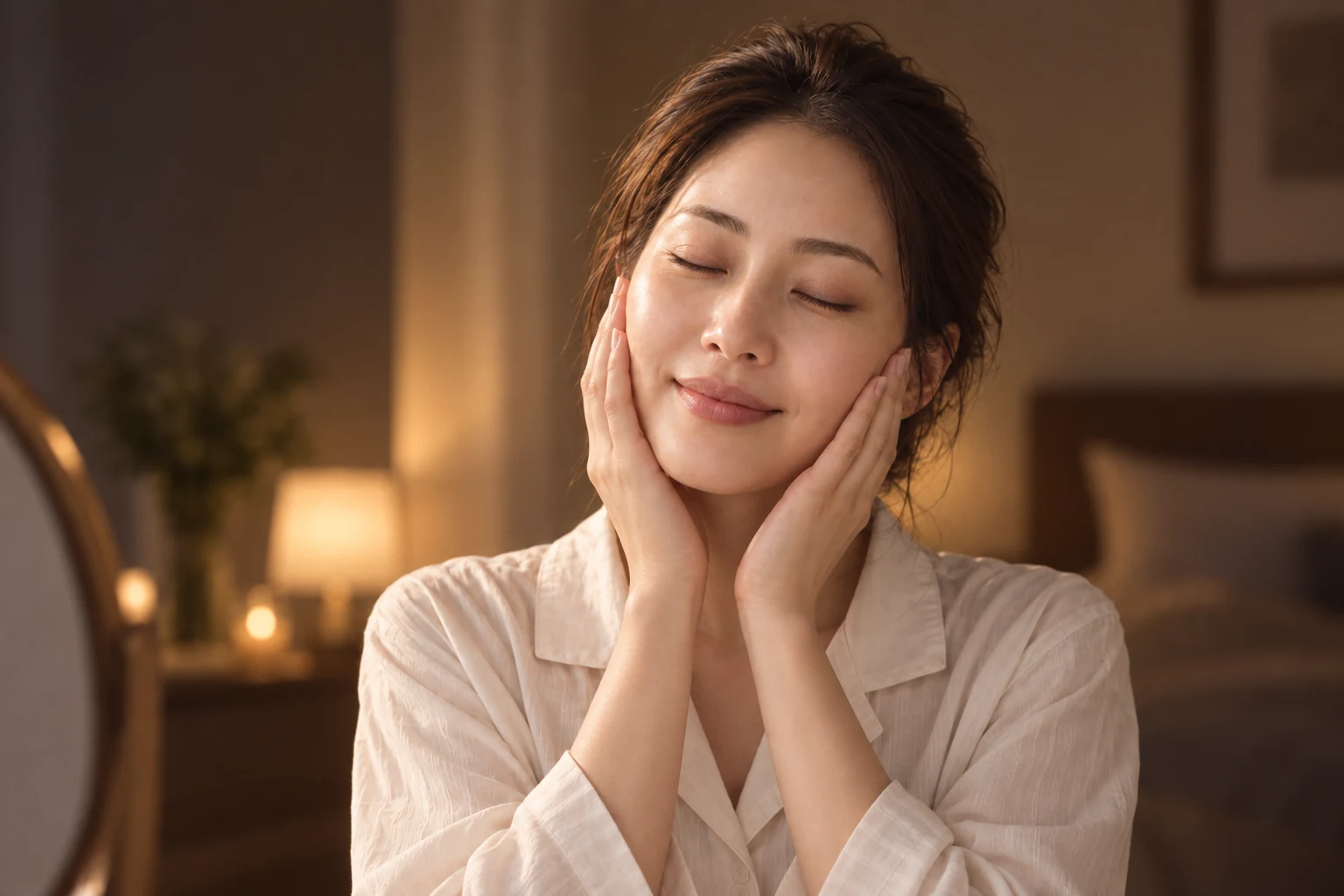 夜の暖かな照明のなか、目を閉じて両手で頬を包み、穏やかに微笑む女性