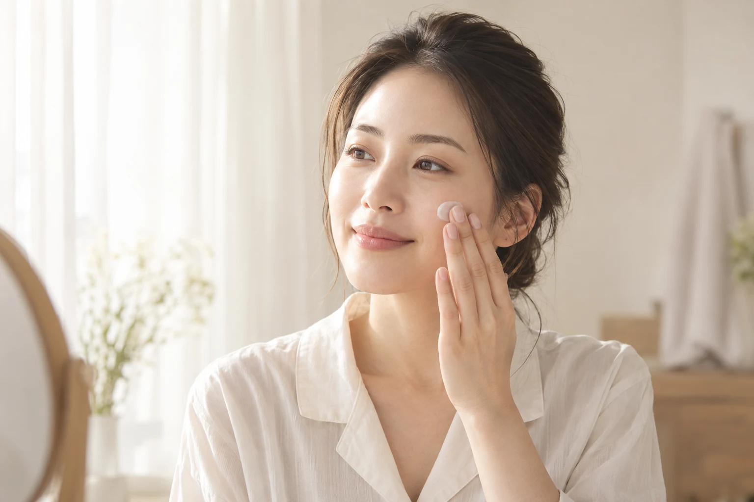 朝の柔らかな自然光のなか、頬にクリームをなじませる女性