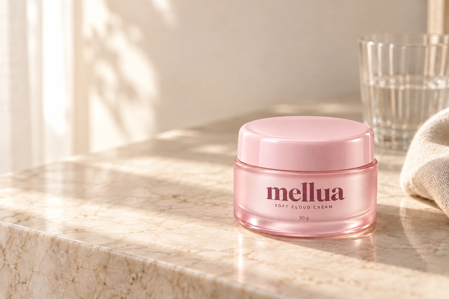 朝の光が差す石のテーブルに置かれた、淡いピンクのmelluaクリーム
