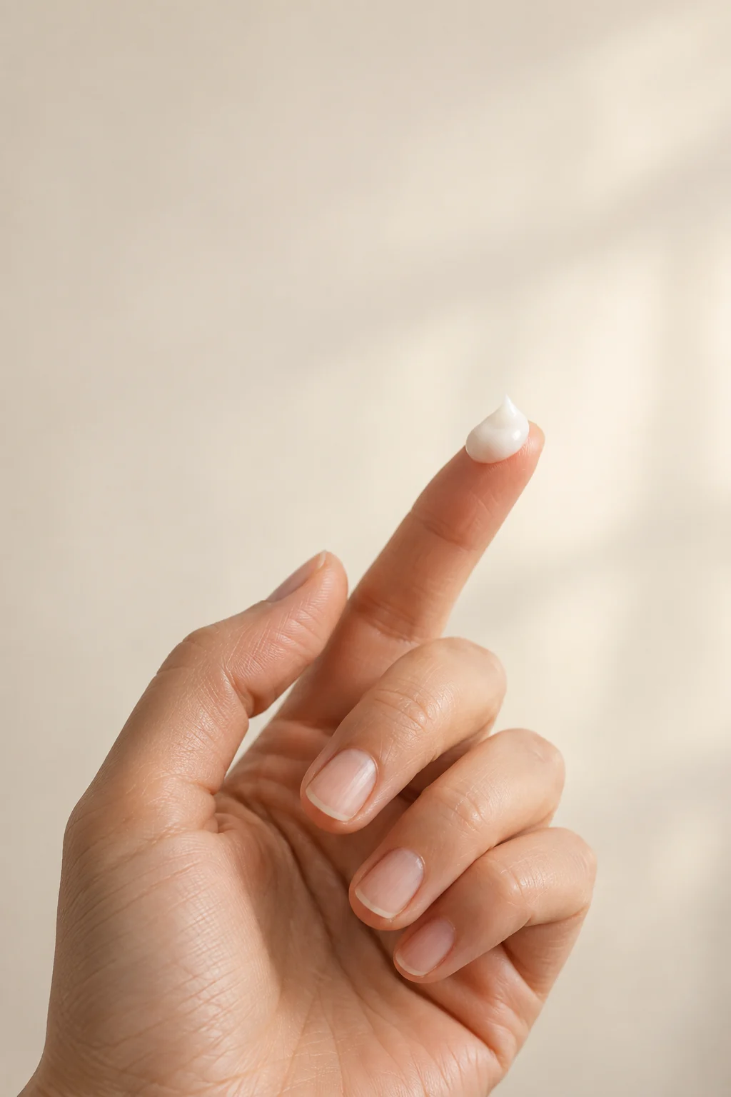 指先に少量のクリームをのせた、やわらかな光の手元のイメージ