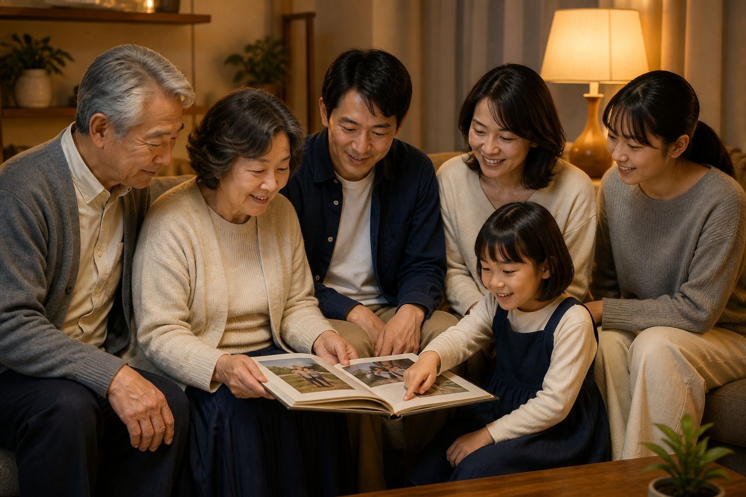 夜の居間で、架空の三世代家族がアルバムを囲んで笑い合っている生成写真