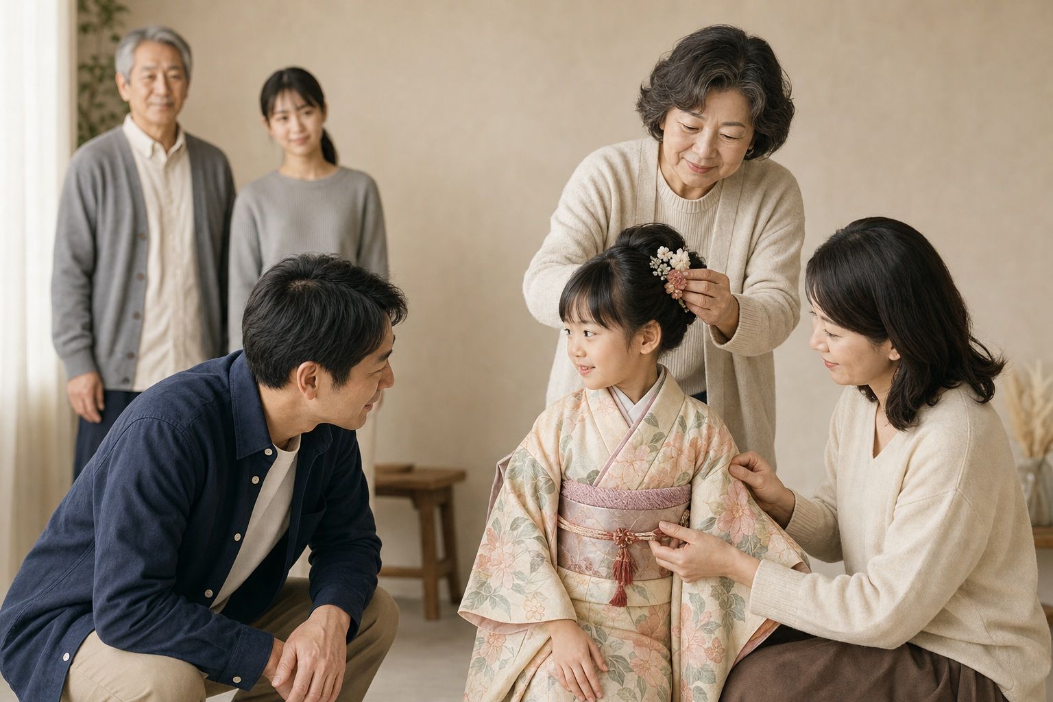 架空の家族が七五三の支度をする生成写真。祖母が髪飾りを整え、両親が子どもを見守っている