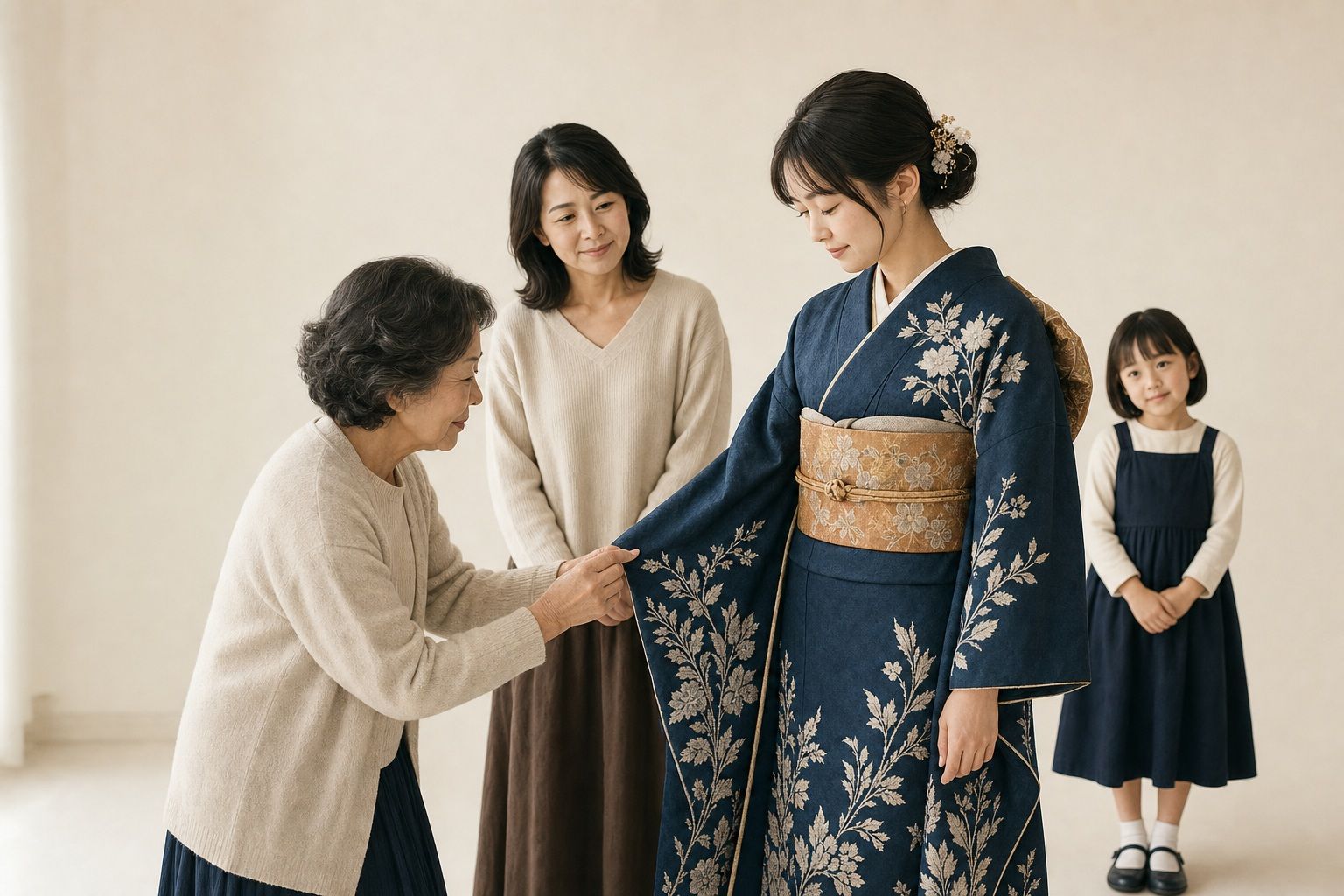 架空の家族の成人式。振袖姿の若者を祖母と母が見守り、祖母が袖を整えている生成写真