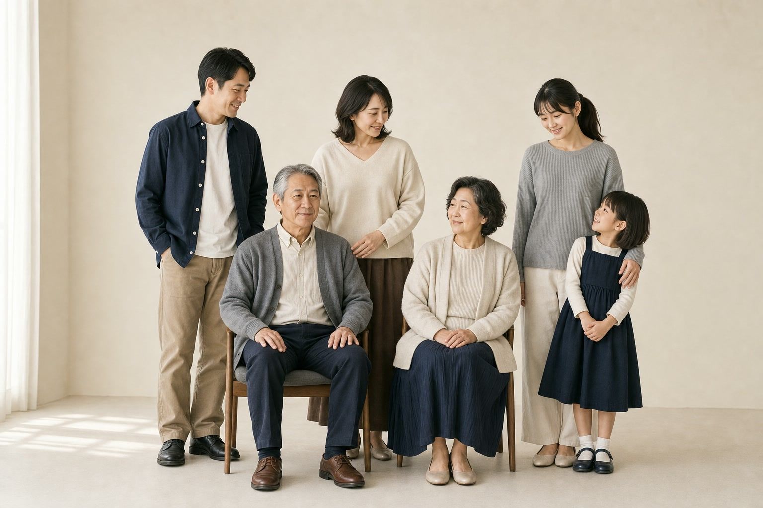 三世代の架空の家族六人が互いを見つめながら一枚に集まった生成家族写真