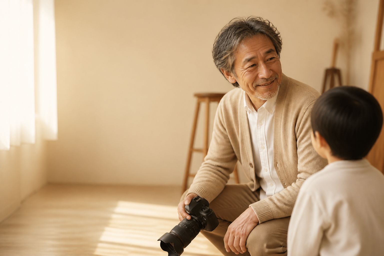 子どもの目線までしゃがみ、カメラを下ろして話しかけるカメラマン