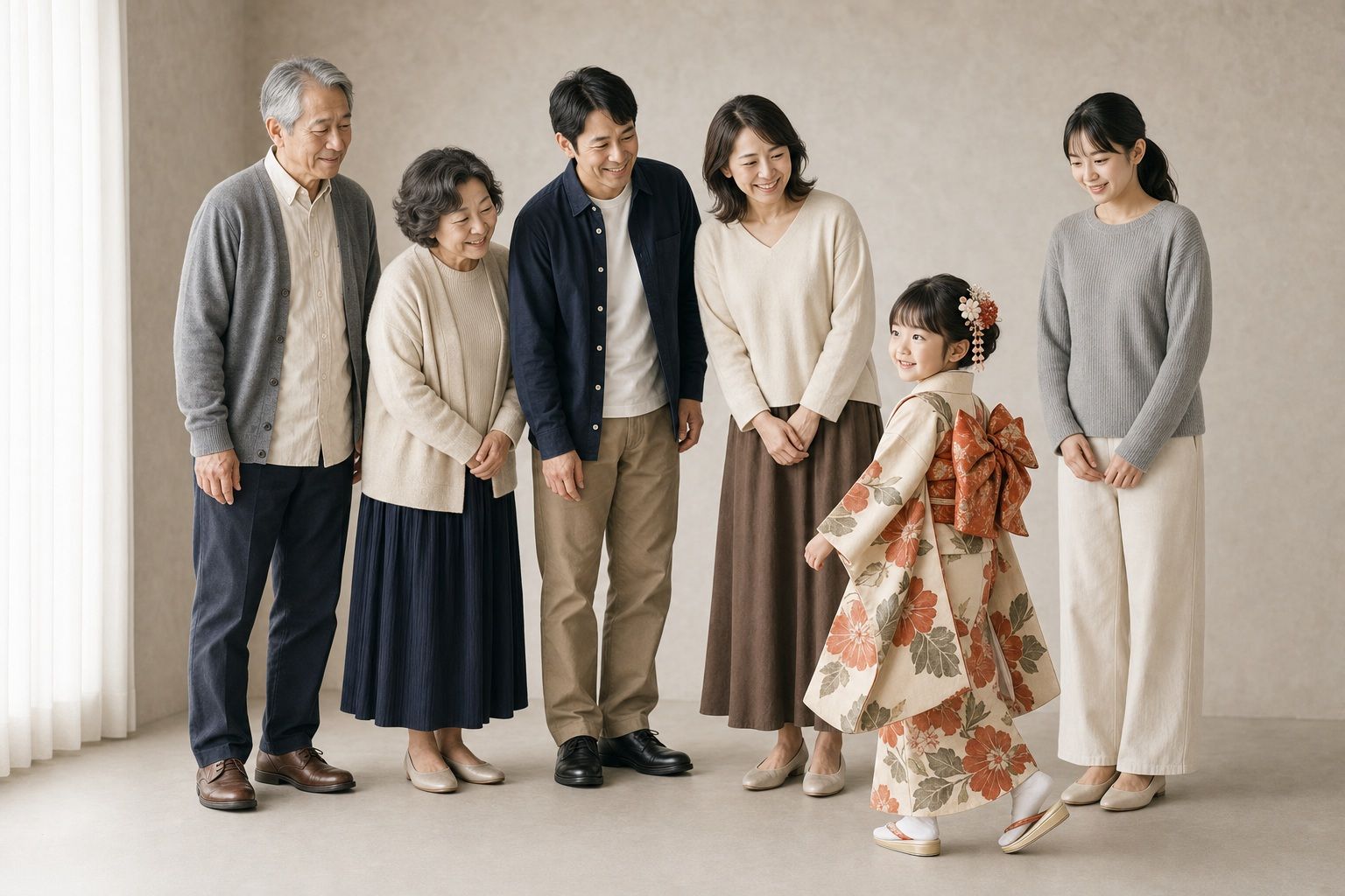 七五三の子どもが家族に呼ばれて振り向き、家族全員が子どもを見つめている生成写真