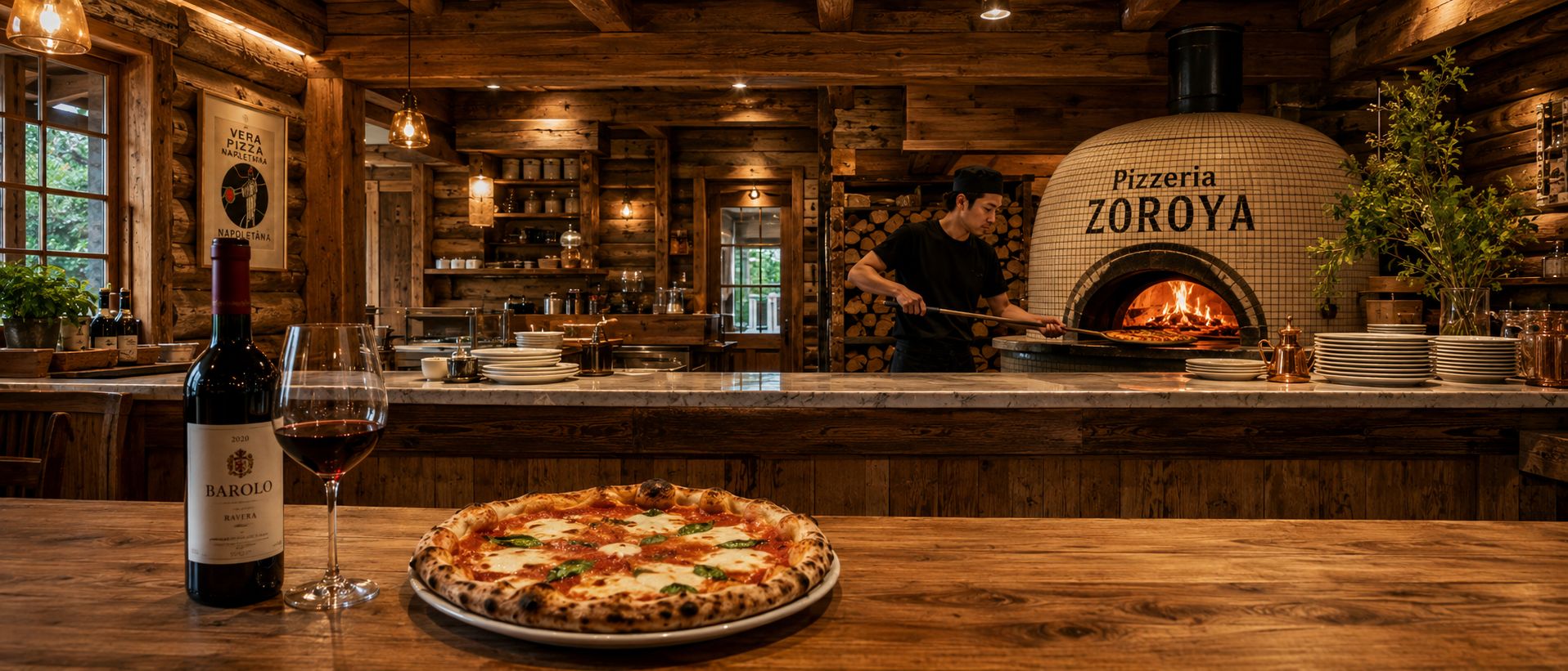 Pizzeria Zoroyaの店内。ZOROYAの文字が入った薪窯でピッツァを焼く職人と、木のテーブルに置かれた焼きたてのマルゲリータとワイン