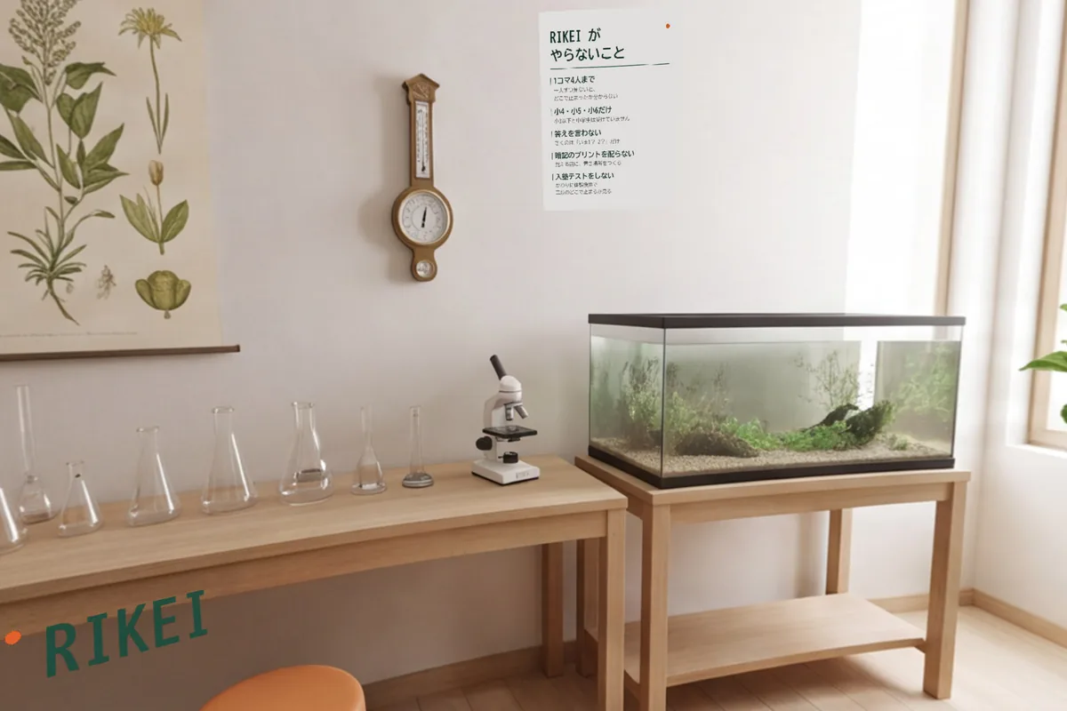 RIKEI の理科強化部屋。実験台にフラスコが並び、奥に水そうと黒板がある