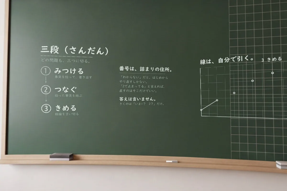 算数強化部屋の大きな黒板。方眼の上に三段が書いてある