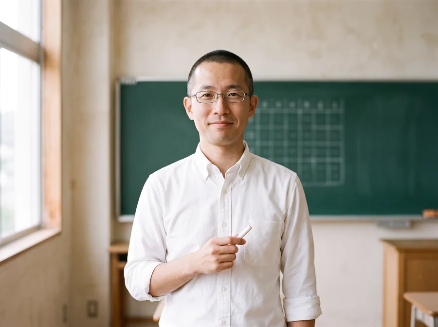 算数担当の SANSU。黒板の前でチョークを持っている