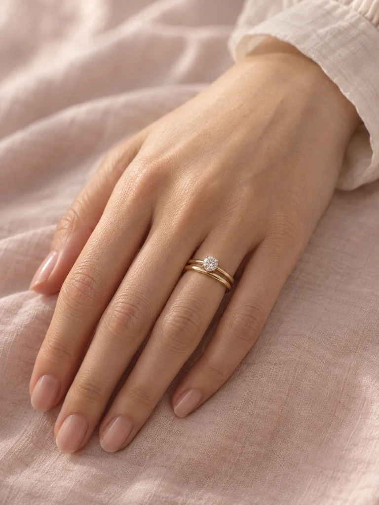 ゴールドの結婚指輪と一粒の婚約指輪を重ねた着用イメージ