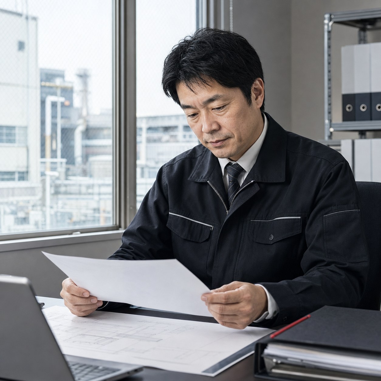 加工現場で図面を確認する担当者