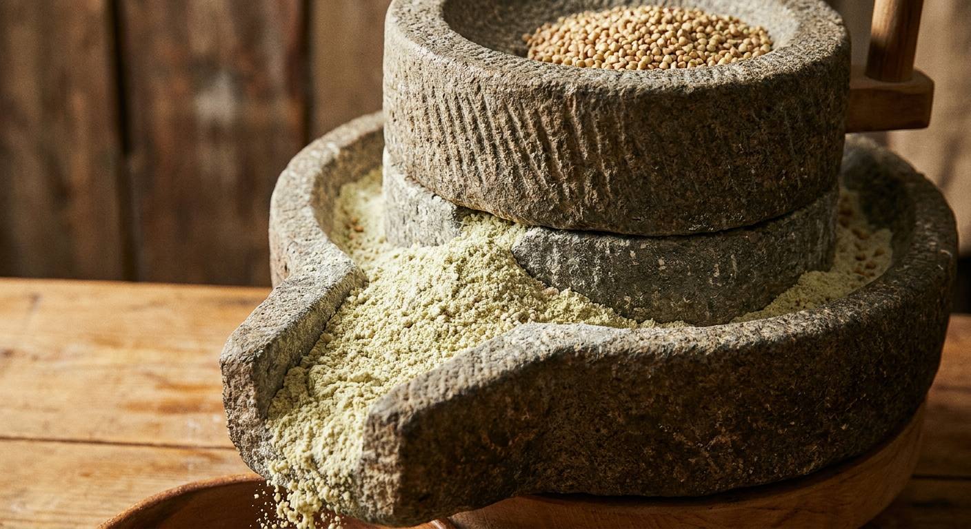 石臼から挽きたての蕎麦粉がこぼれる様子