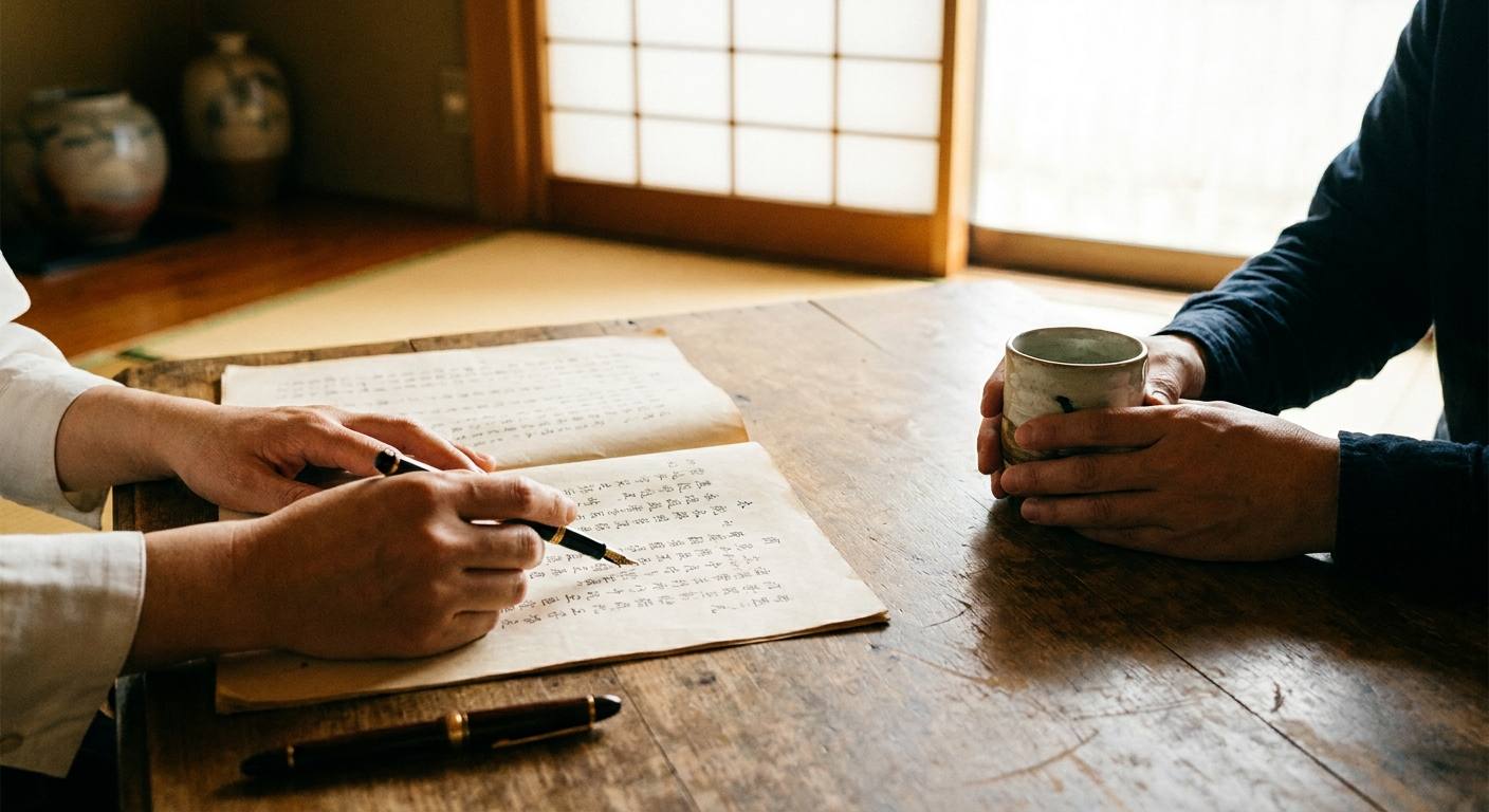 机をはさんで書類を一緒に確認する面談の手元