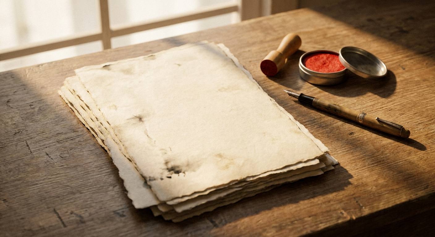 和紙の上の書類と朱肉、印鑑