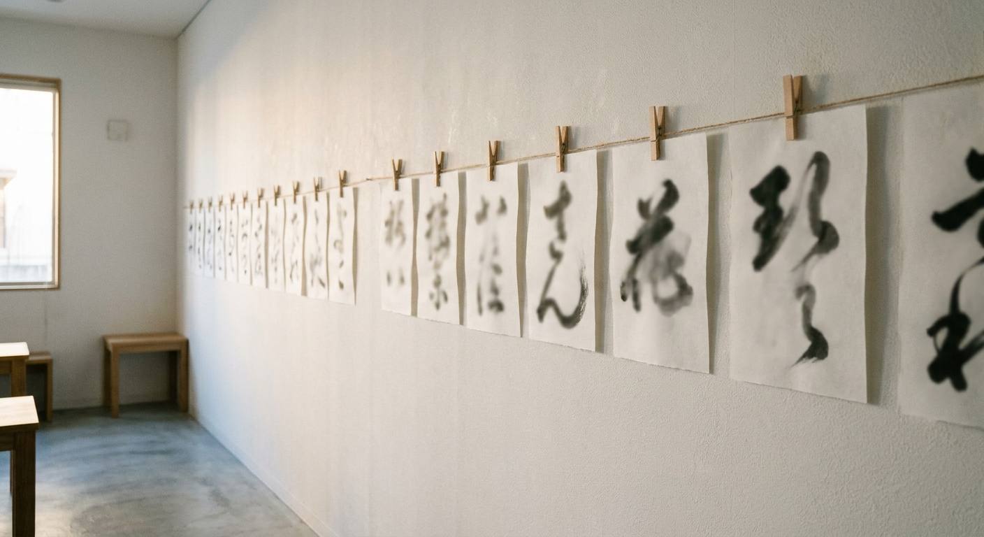 生徒の作品が並ぶ壁
