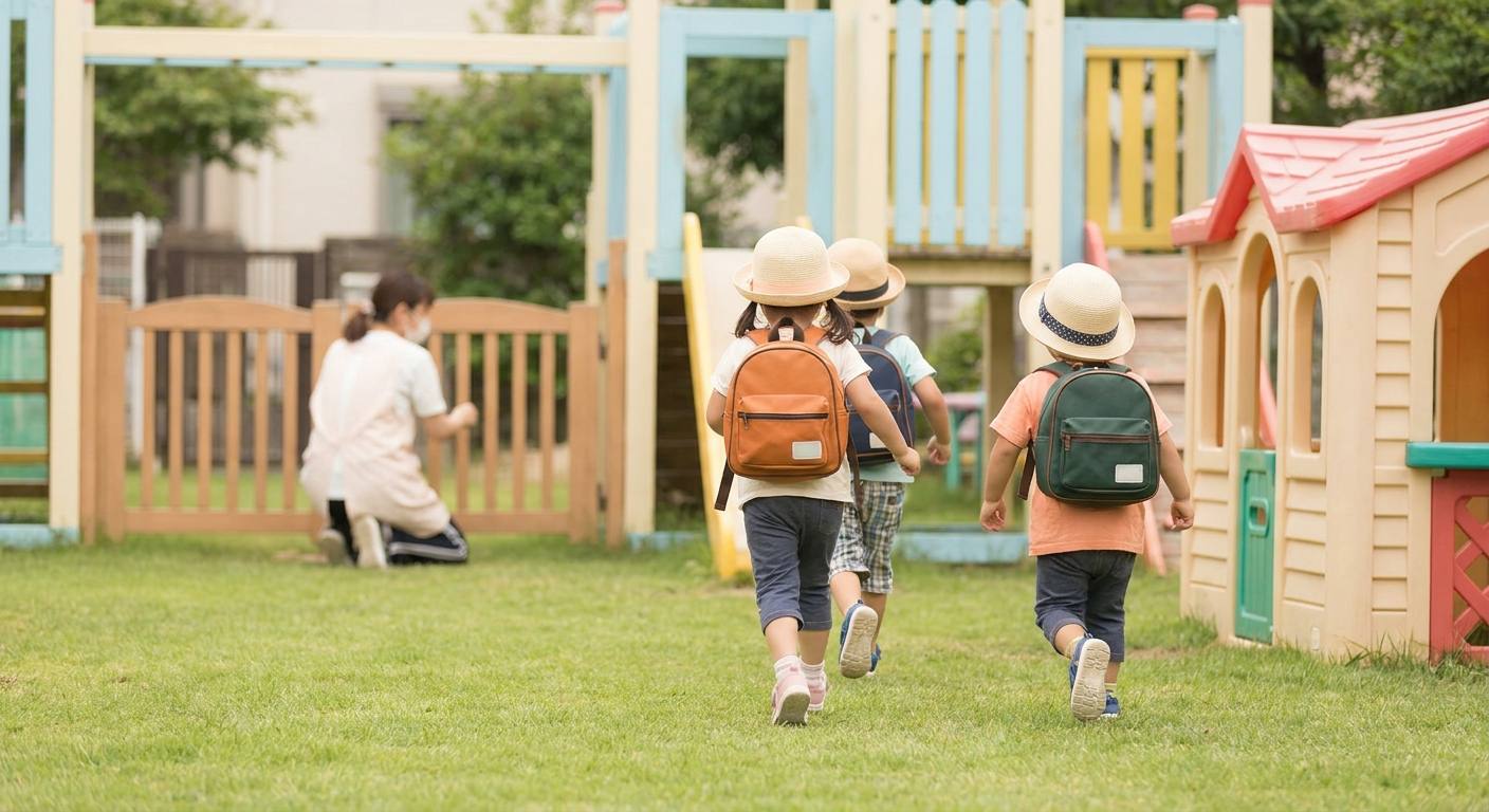 園庭を走る子どもたちの後ろ姿