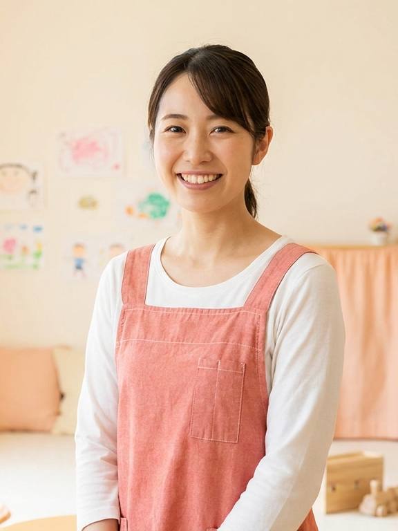 コーラル色のエプロンの先生