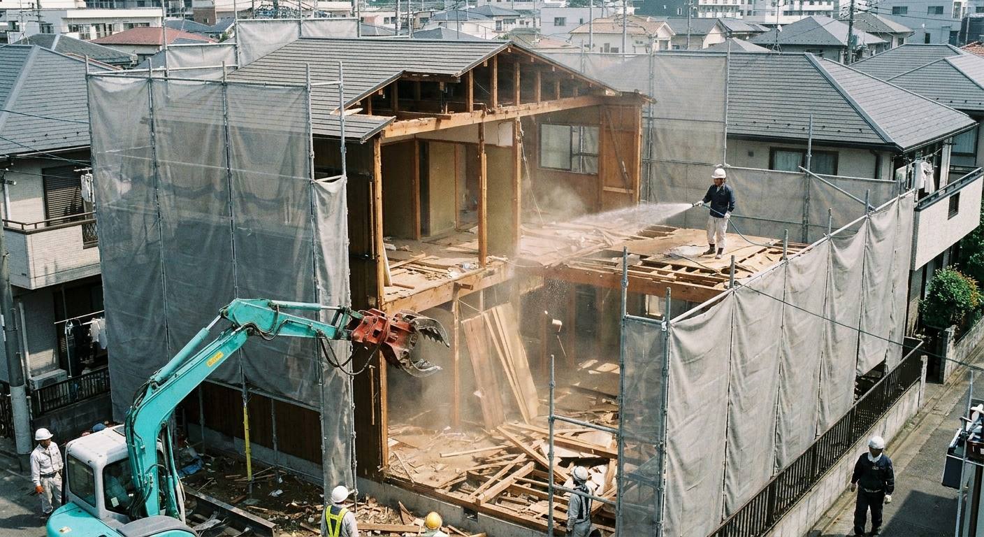 散水しながら木造家屋を解体する重機と誘導員