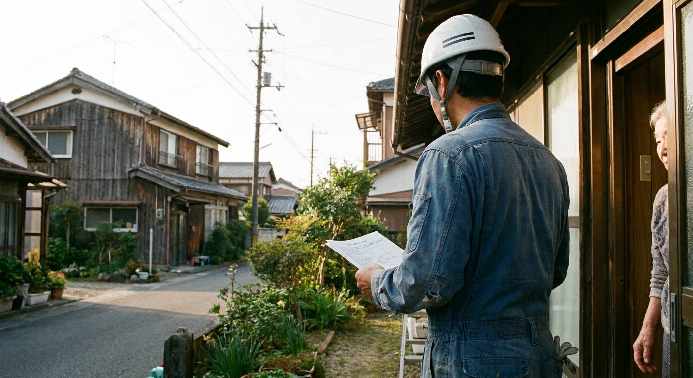 着工前に近隣宅へ挨拶に伺う職人の後ろ姿