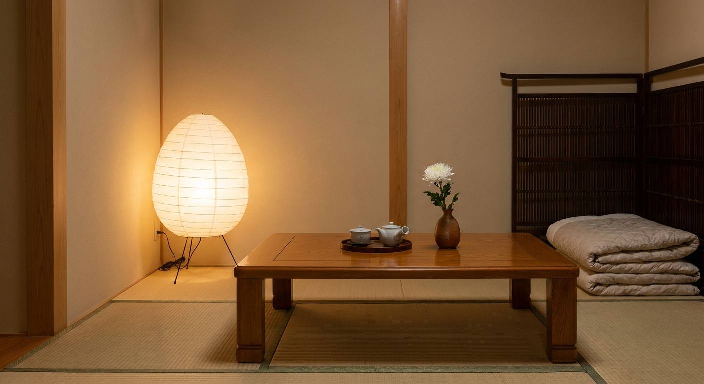 畳敷きの控室と茶器