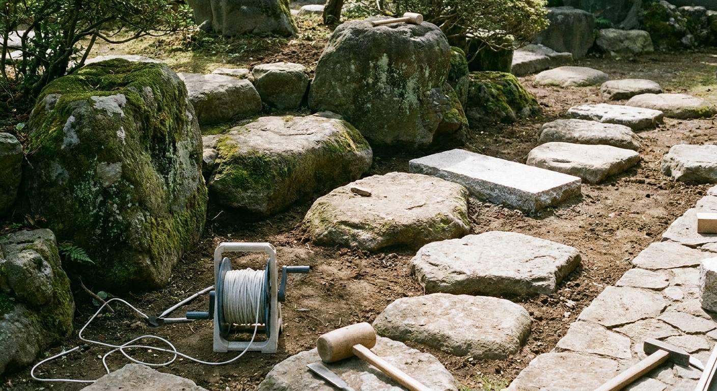 水糸を張って庭石を据える石組の作業