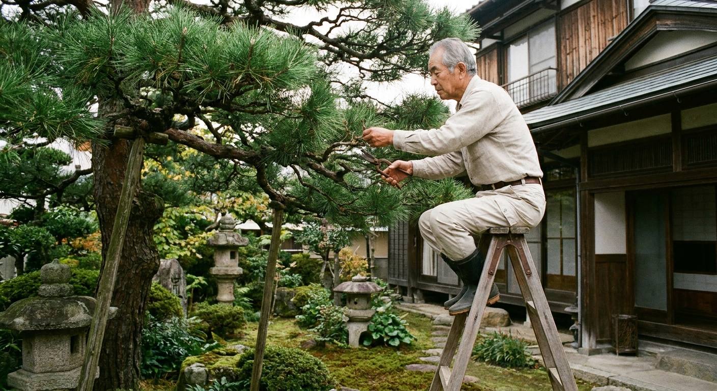 脚立に乗って松を剪定する庭師