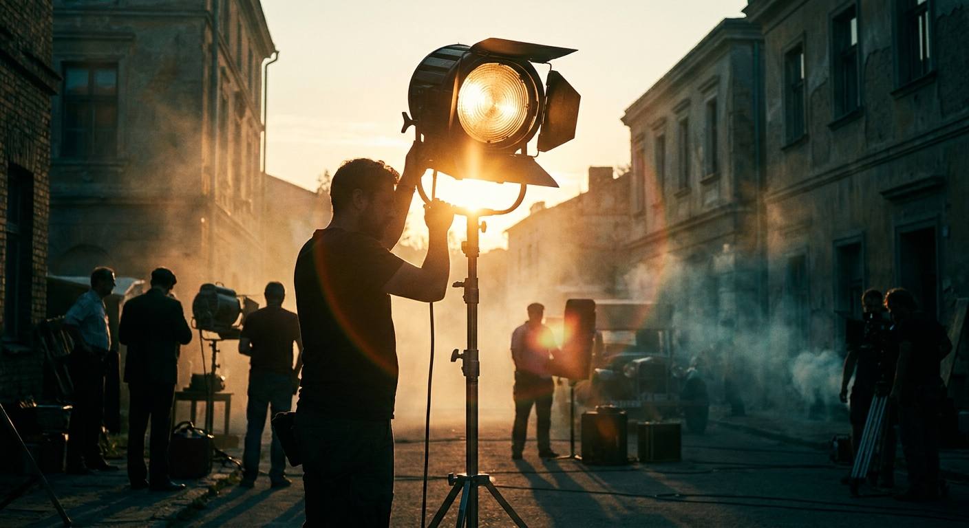 夕方のロケで照明を調整する技師