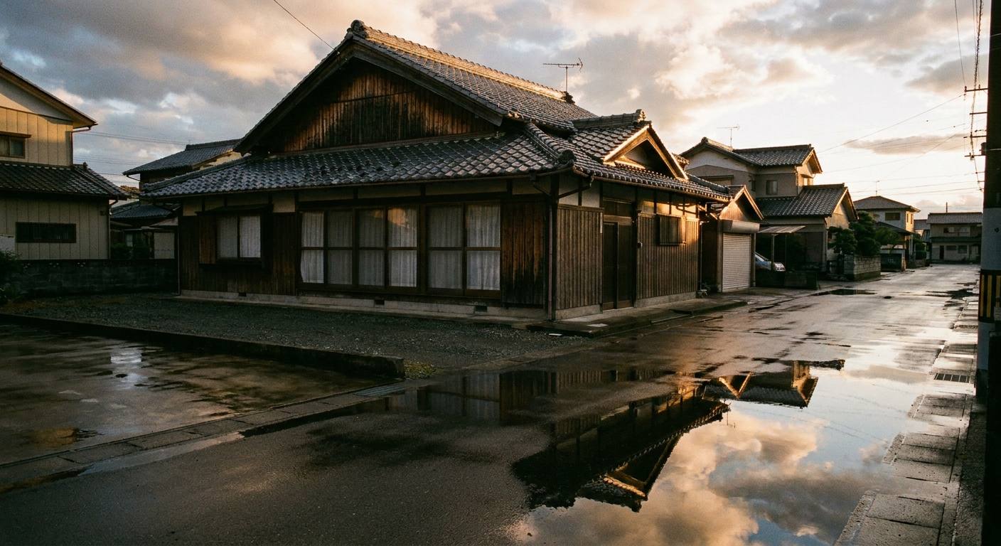 雨上がりに屋根が光る住宅