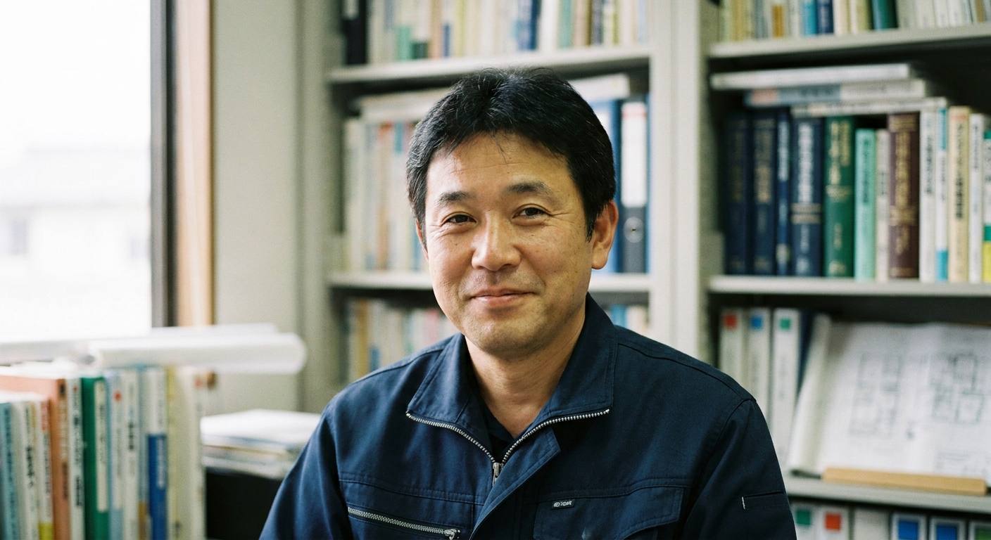 代表・目黒 誠のポートレート。事務所の書棚の前で