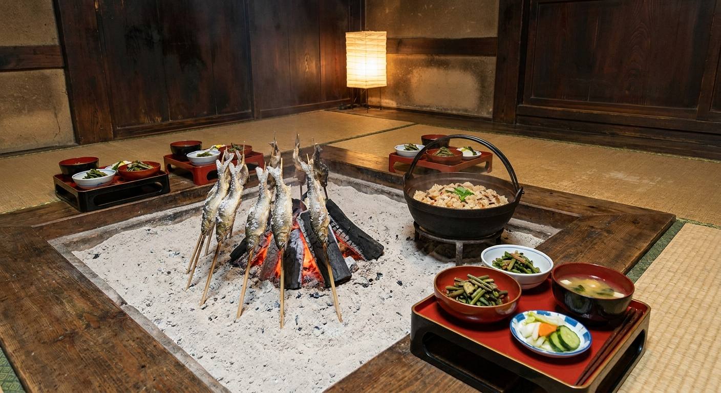 囲炉裏端に並ぶ郷土料理の膳