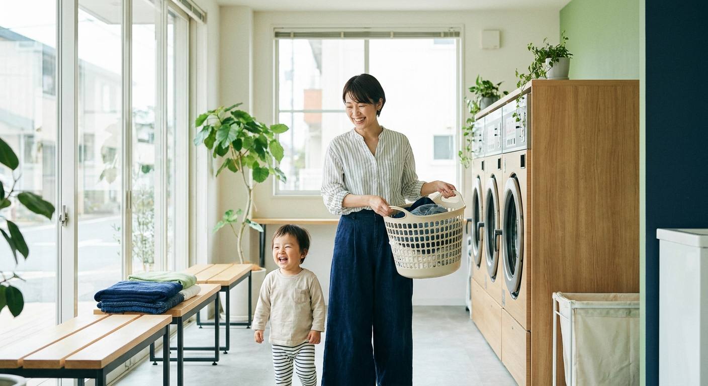 洗濯かごを持つお母さんと子ども