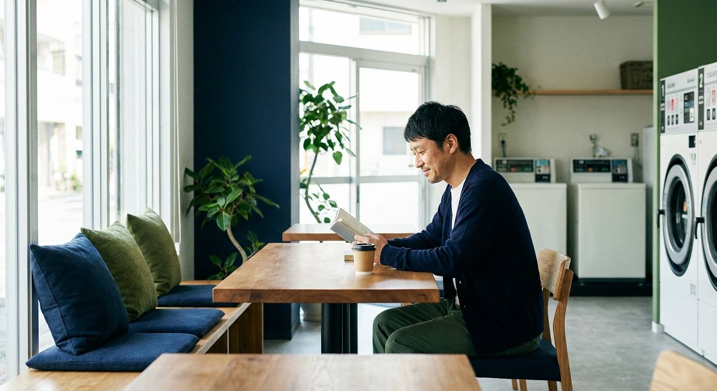 待合で本を読む男性