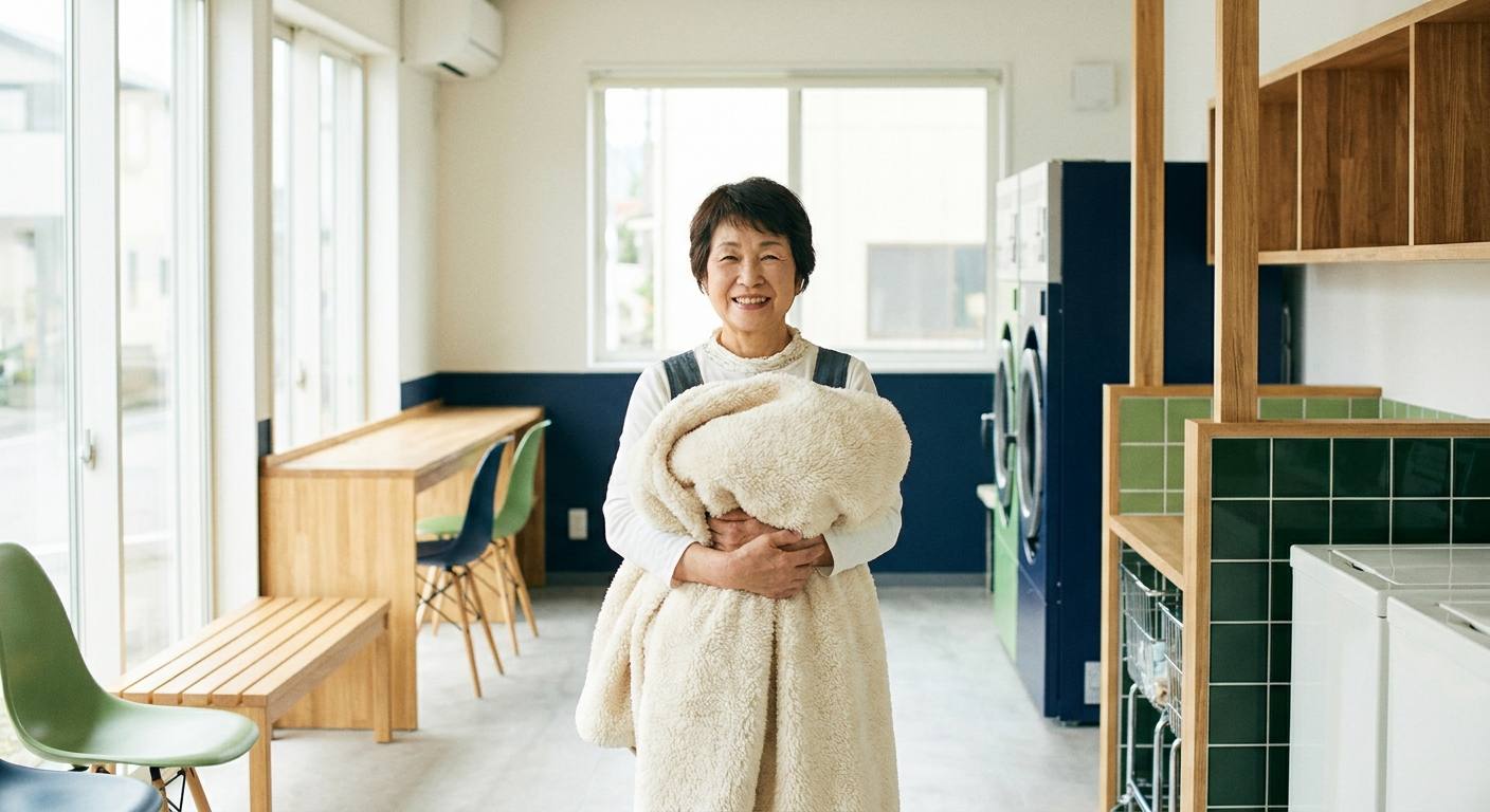 ふかふかの毛布を抱える女性
