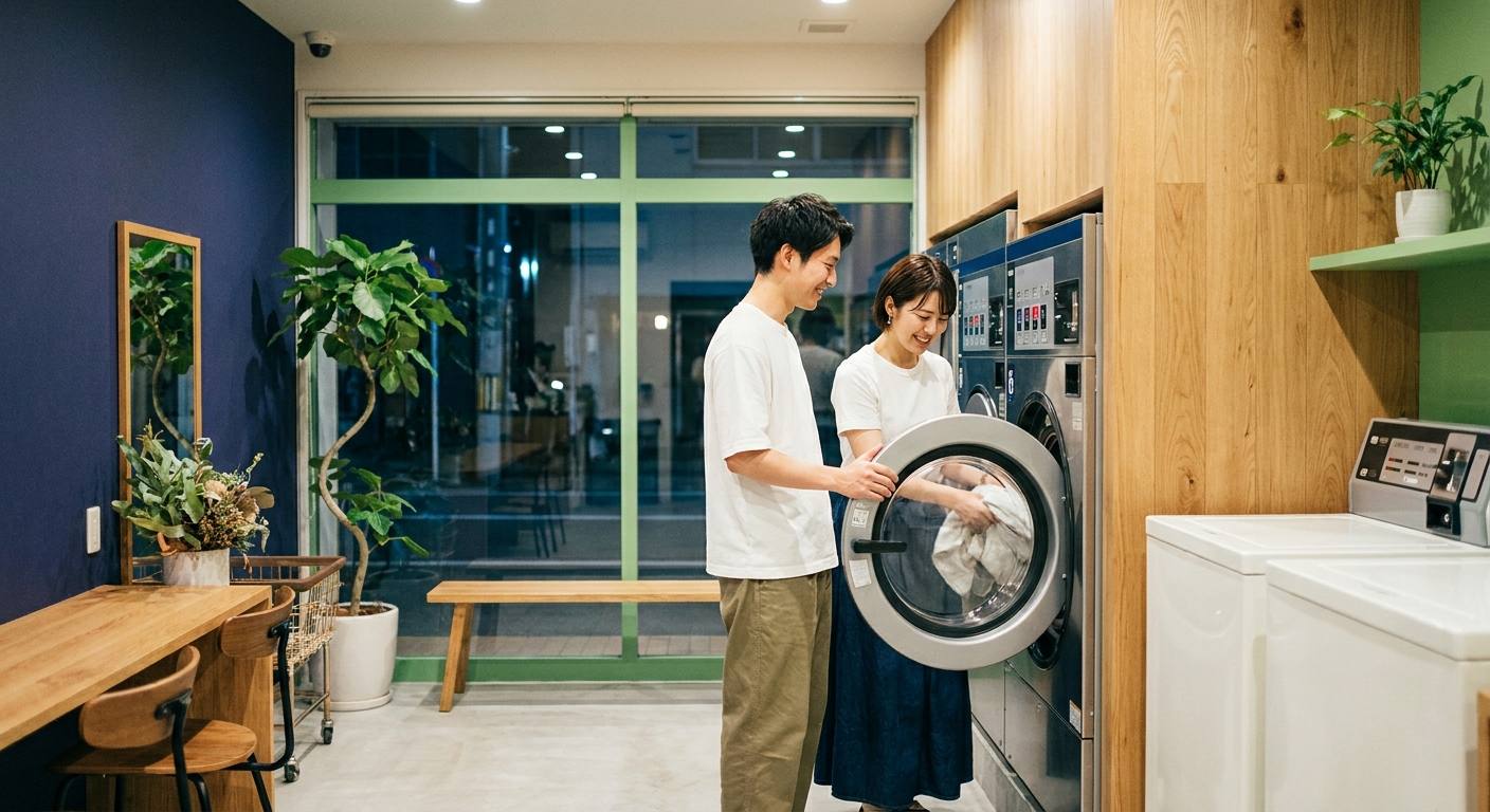 夜のランドリーで洗濯物を入れる若い夫婦