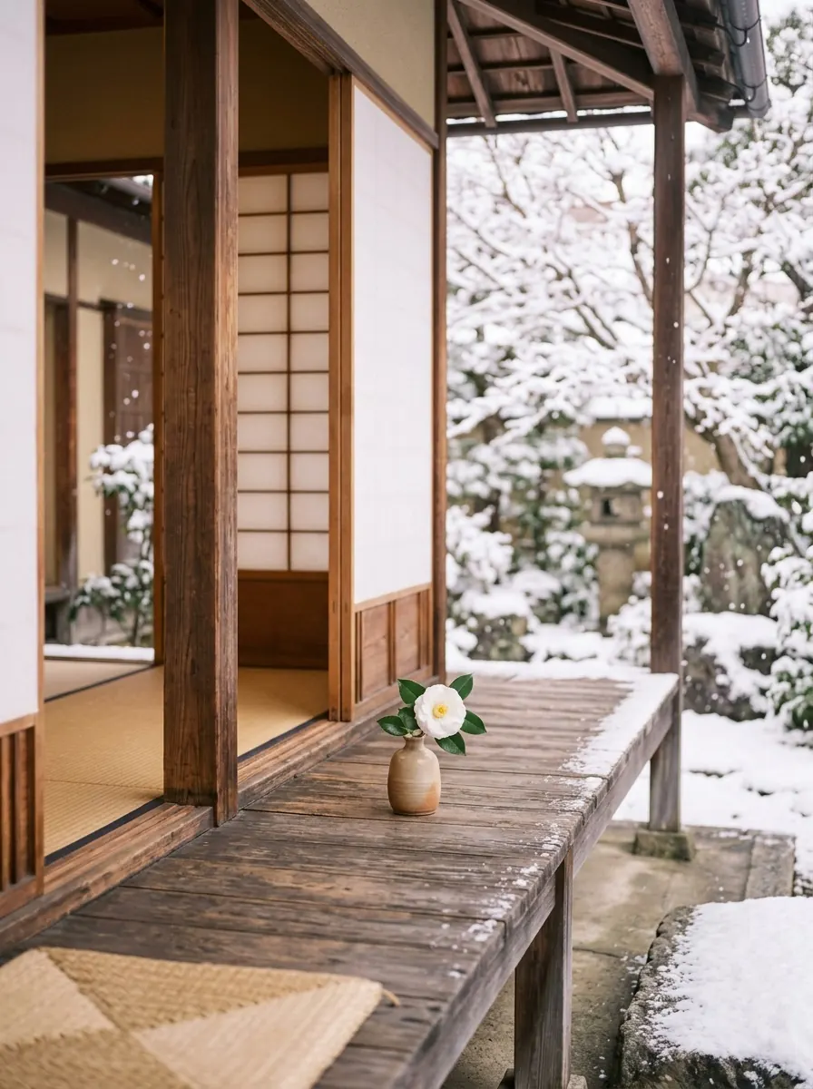 雪の日の日本家屋の縁側と障子と白い椿