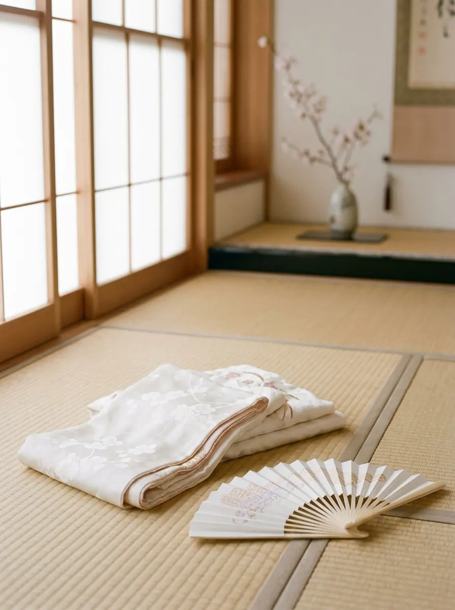 畳の上に置かれた白い着物の袖と白い扇